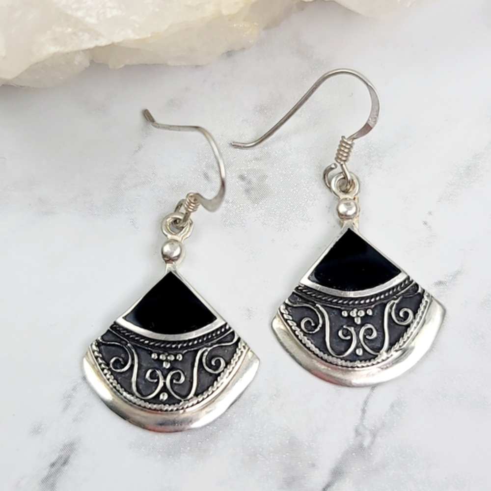 Vintage Elegant Sterling Silver Black Onyx Dangle Earrings Women Jewelry Antique